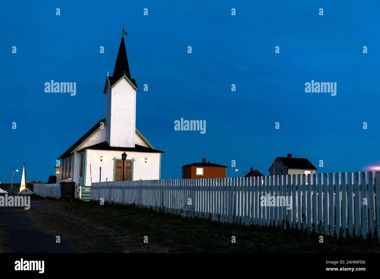 Vardø Kapell, Vardø, Øst-Finnmark, Northern Norway, at dusk Stock Photo