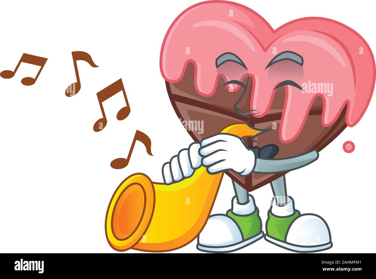 Cheerful love chocolate with pink cartoon character performance with trumpet Stock Vector