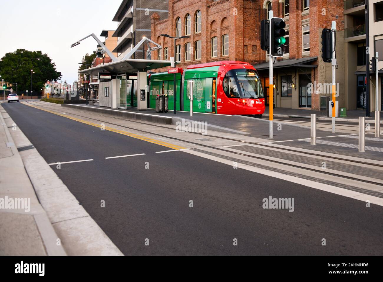 Light Rail Tram on Hunter Street, Newcastle, Australia Stock Photo