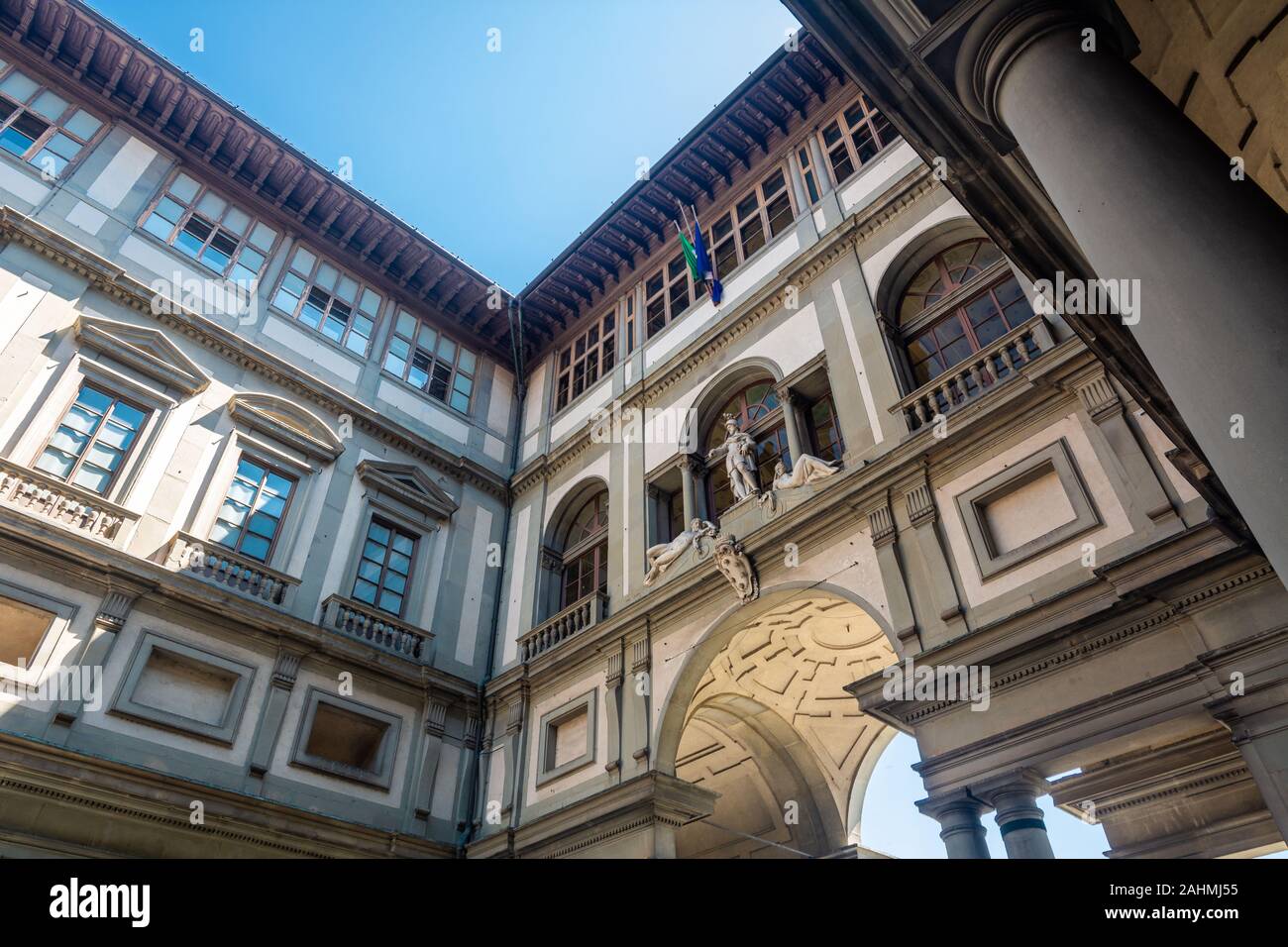 The Uffizi Gallery is a prominent art museum located adjacent to the Piazza della Signoria in the Historic Centre. It holds a collection of priceless Stock Photo