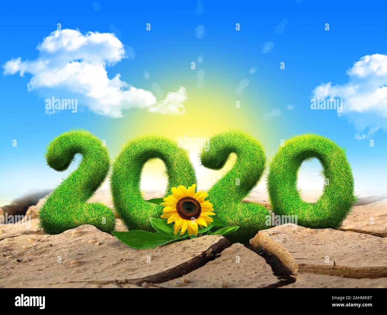 2020 in a form of a grass growing in a dry soil with rising sun background. Stock Photo