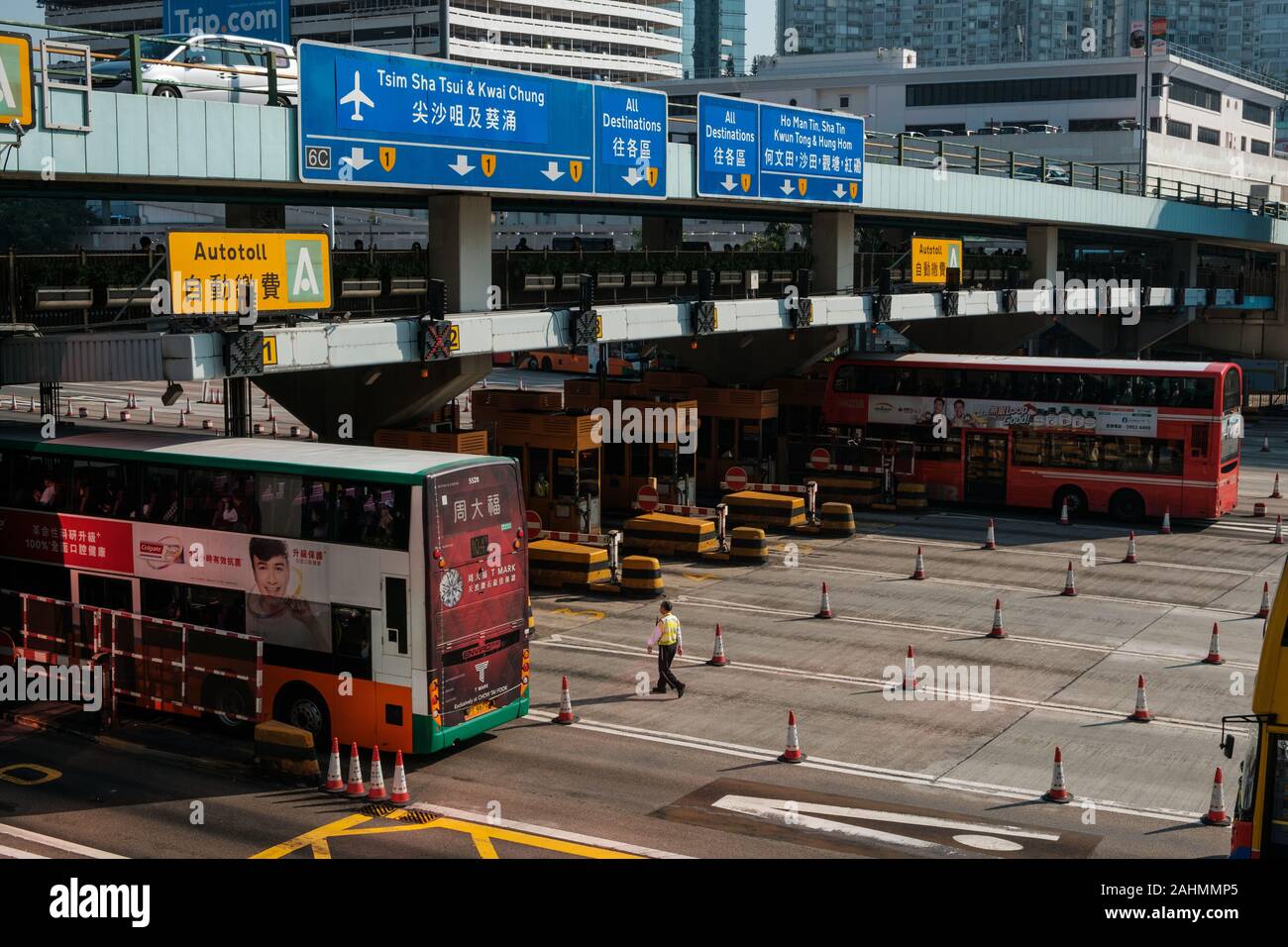 HongKong, china - November, 2019: Bus traffic jam on highway in Hung Hom cross harbor tunnel during 2019 Hong Kong protests Stock Photo