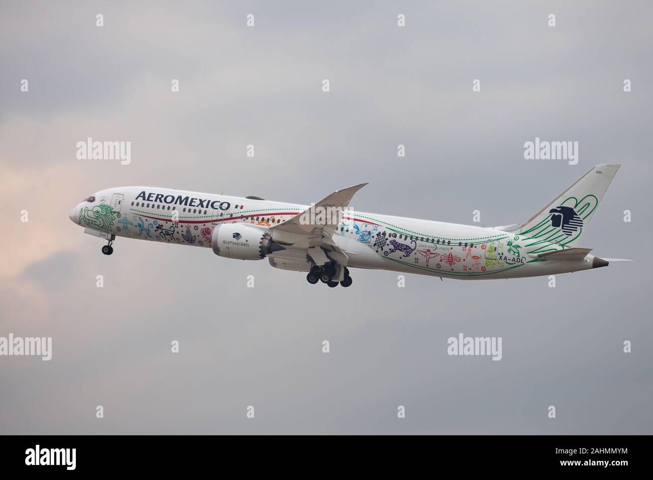 Barcelona, Spain - December 29, 2019: Aeromexico Boeing 787-9 Dreamliner with Quetzalcoatl special livery taking off from El Prat Airport in Barcelona Stock Photo