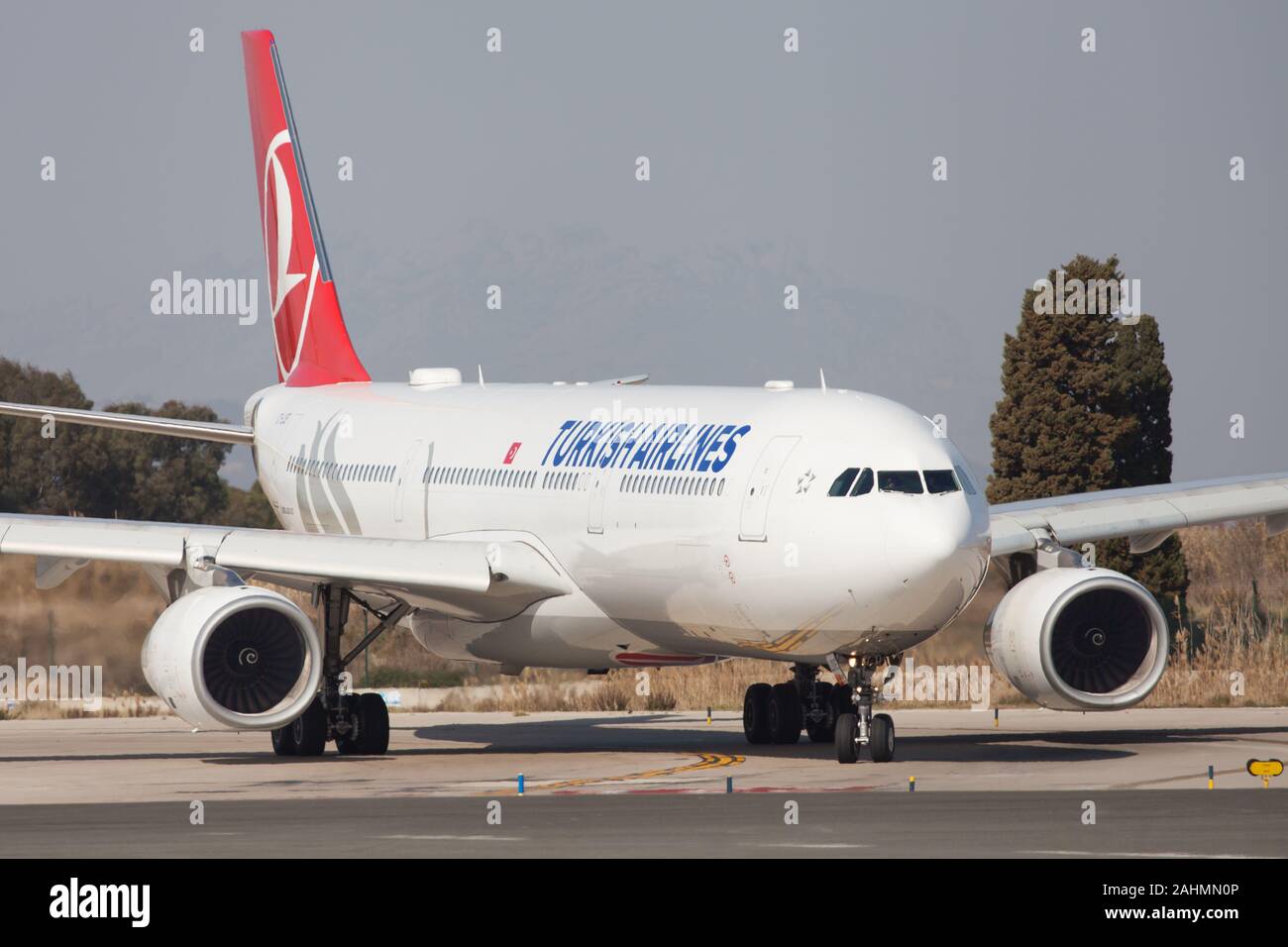 Barcelona, Spain - February 24, 2019: Turkish Airlines Airbus A330-300 on the taxiway at El Prat Airport in Barcelona, Spain. Stock Photo