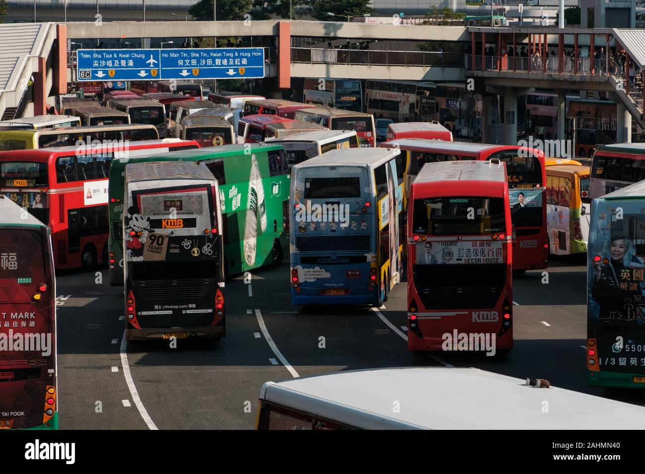 HongKong, china - November, 2019: Bus traffic jam on highway in Hung Hom cross harbor tunnel during 2019 Hong Kong protests Stock Photo