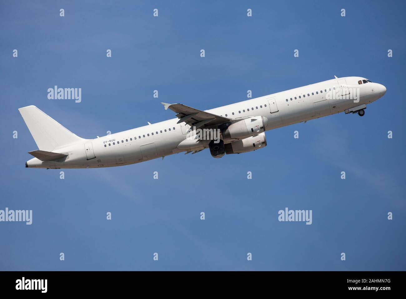 Barcelona, Spain - August 23, 2019: Danish Air Transport Airbus A321 without livery taking off from El Prat Airport in Barcelona, Spain. Stock Photo