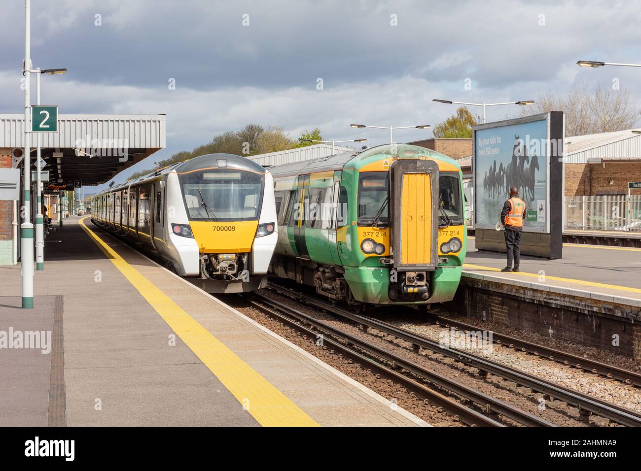 Three Bridges, Sussex, UK; 26th April 2018; Trains Operated by Thameslink and Southern Stand Alongside Each Other at Three Bridges Station Stock Photo