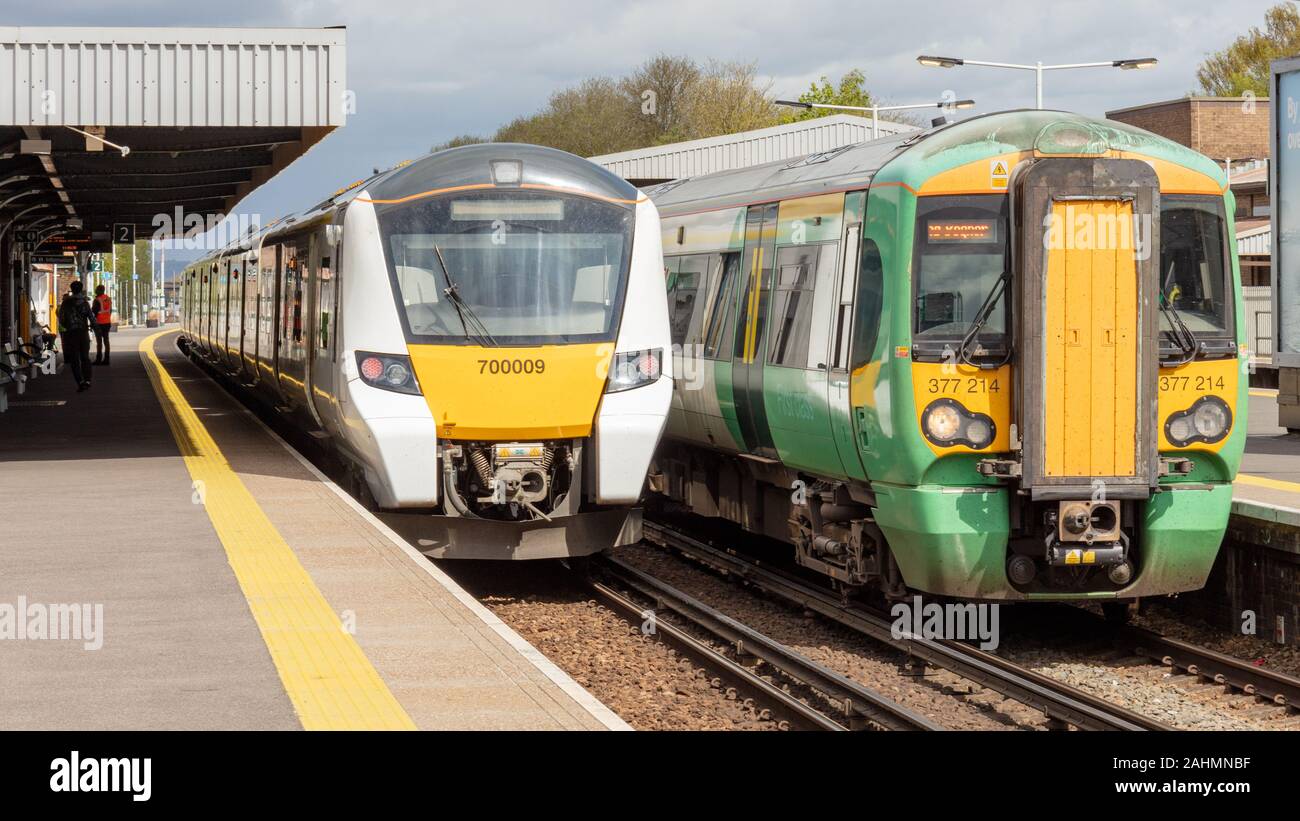 Three Bridges, Sussex, UK; 26th April 2018; Trains Operated by Thameslink and Southern Stand Alongside Each Other at Three Bridges Station Stock Photo