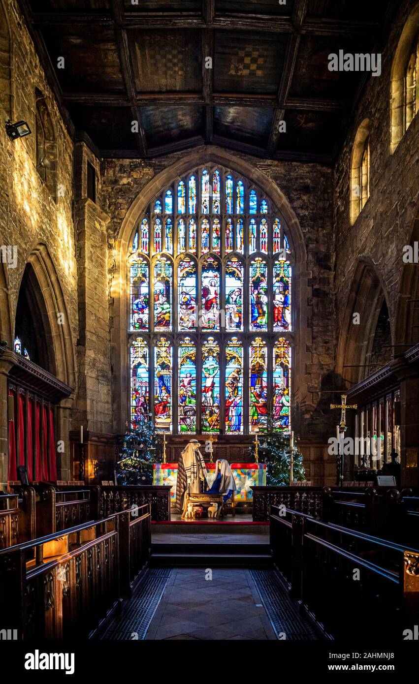 Nativity Scene in Halifax Minster at Christmas, West Yorkshire, UK. Stock Photo