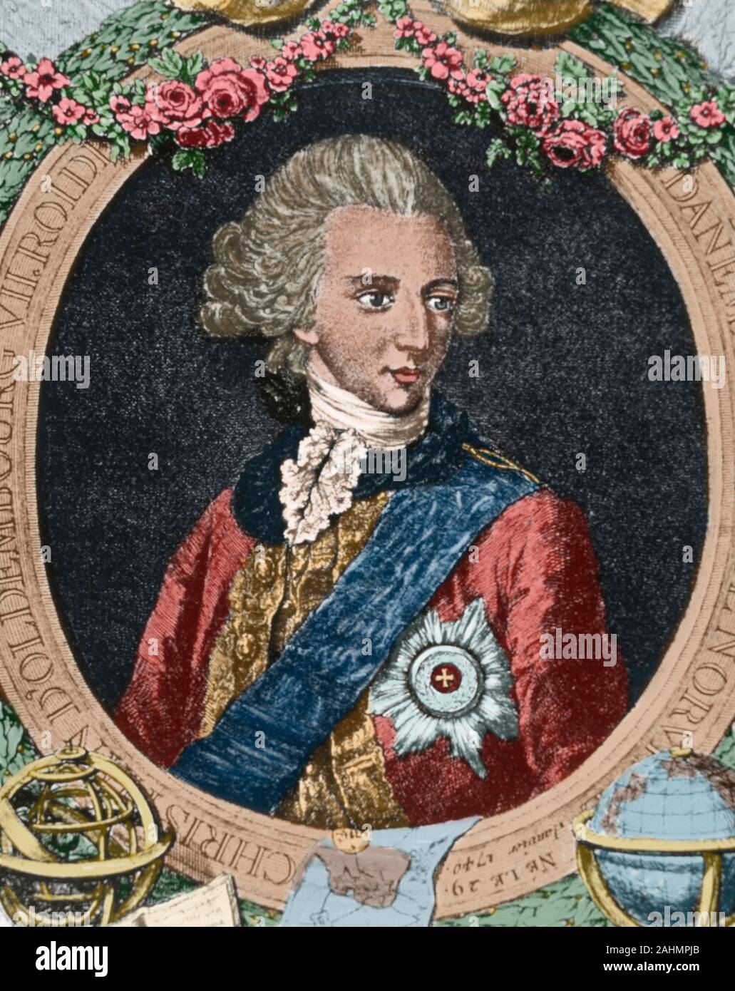 Christian VII of Denmark (1749-1808). King of Denmark and Norway. Duke of Schleswig and Holstein (1766-1808). Engraving. Later colouration. Stock Photo