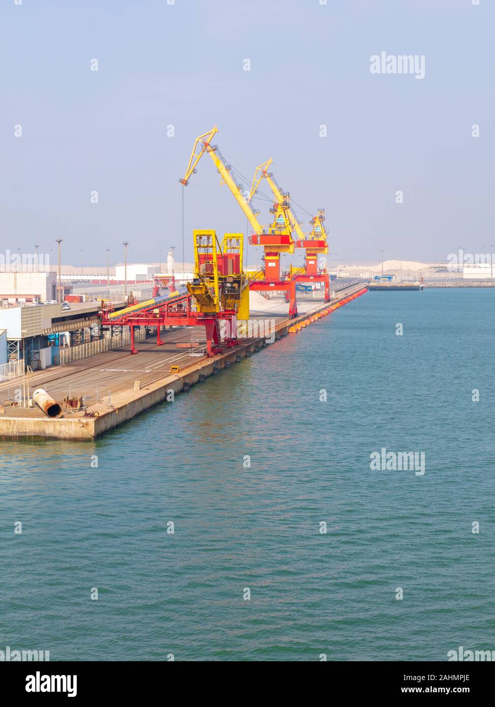 Calais, France; 20th May 2018; Brightly Coloured Cranes in the Port Stock Photo