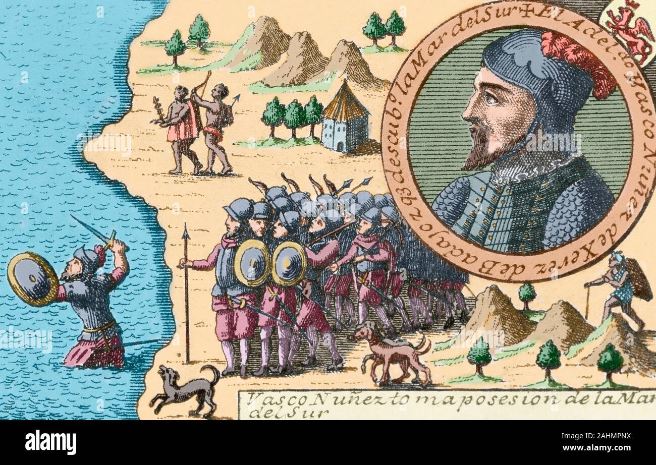 Vasco Nuñez de Balboa (1475-1519). Spanish conquistador. He discovered the Pacific Ocean or South Sea on 25 September of 1513. Engraving of 1726 depicting Balboa taking possession of the South Sea and all adjoining lands for Spain in 1513. Stock Photo