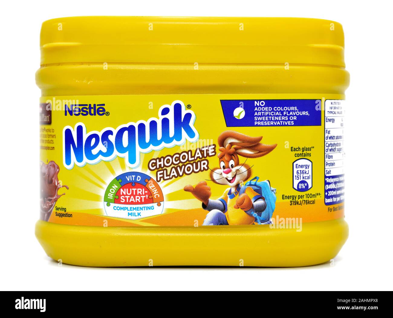 Nestle Nesquik chocolate flavour plastic tub Stock Photo
