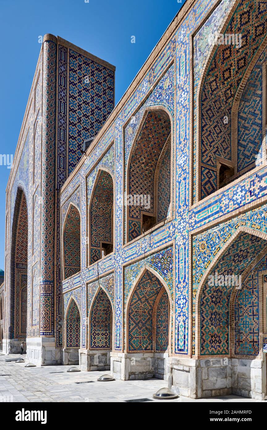 facade detail of famous Registan of Samarkand, Uzbekistan, Central Asia Stock Photo