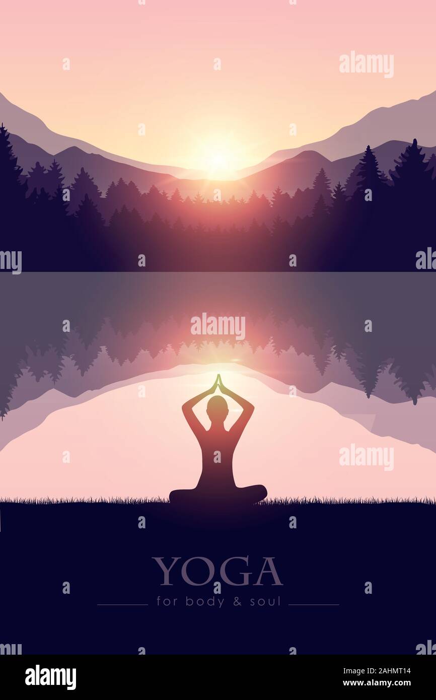 yoga for body and soul meditating person silhouette by the lake with mountain landscape vector illustration EPS10 Stock Vector