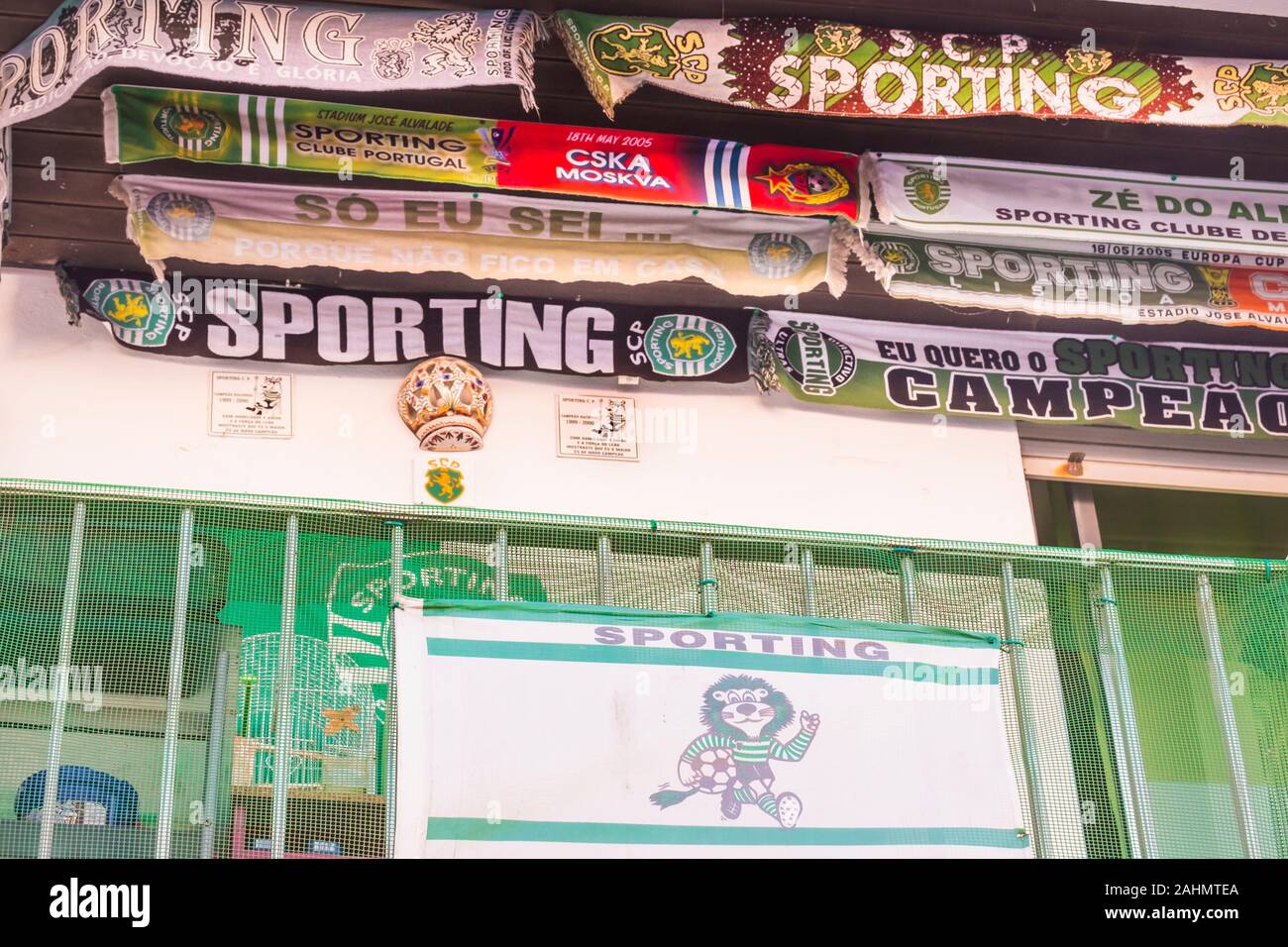 sporting lisbon football club fan scarfs and banners on balcony Stock Photo