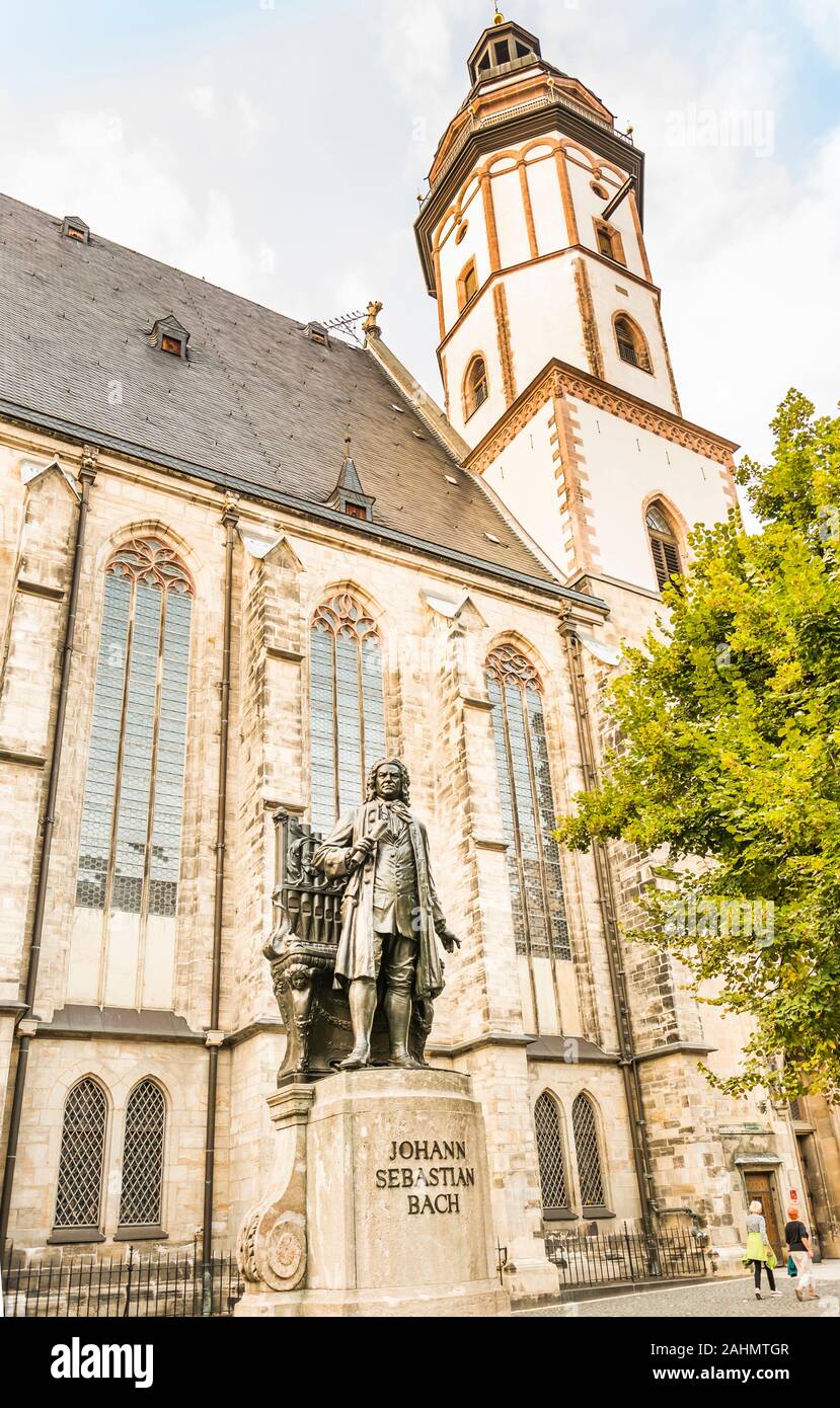 monument to  j.s. bach, st thomas church in background Stock Photo