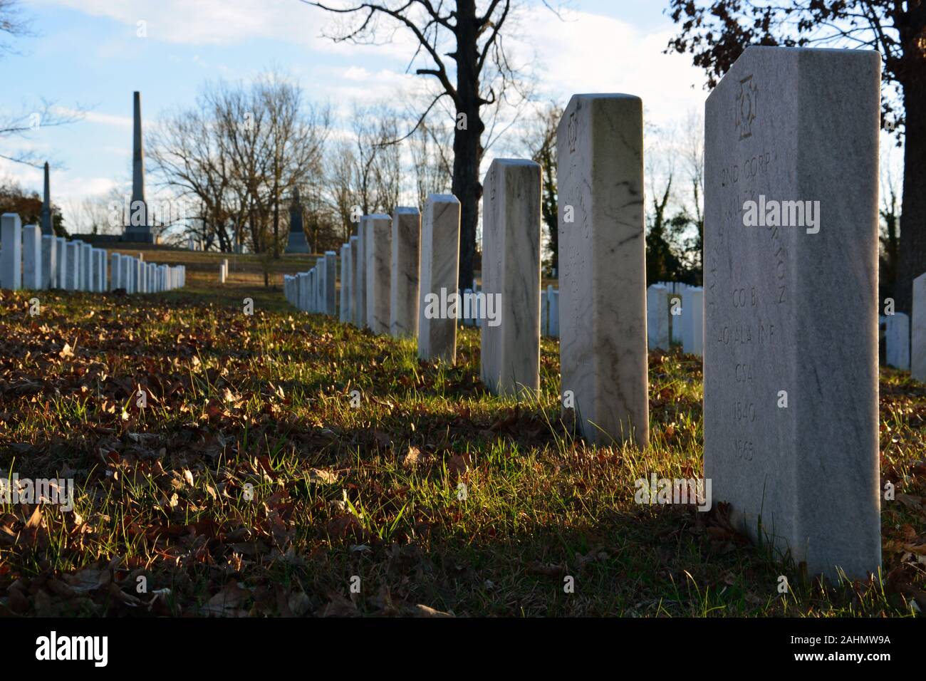 Rows of military headstones in the Confederate Soldier section of the Oakwood Cemetery in