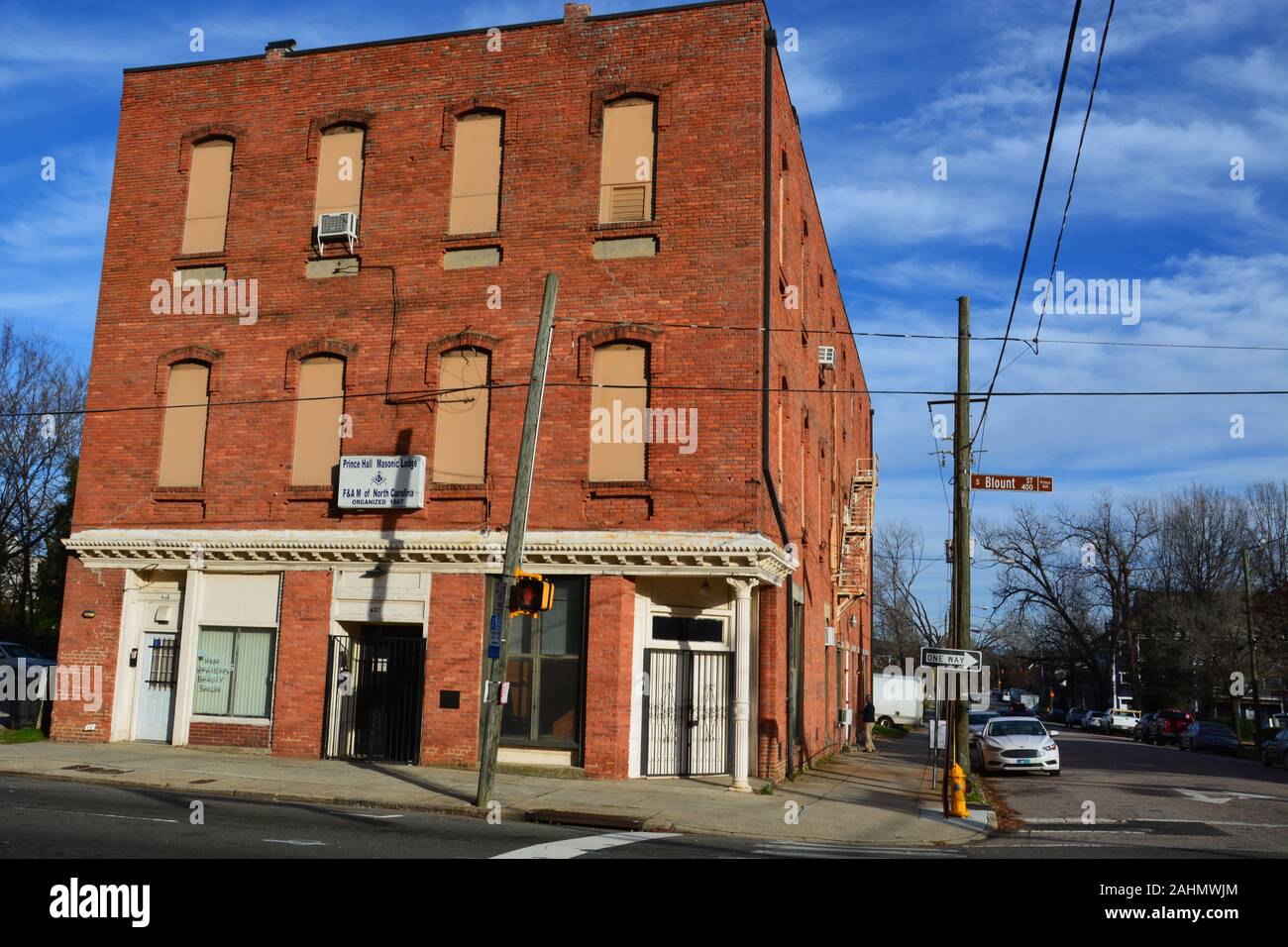 The Prince Hall Masonic Lodge sits boarded up on the south end of downtown Raleigh North Carolina. Stock Photo
