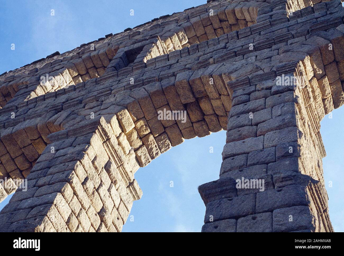 Close view of the Roman aqueduct. Segovia, Castilla Leon, Spain. Stock Photo