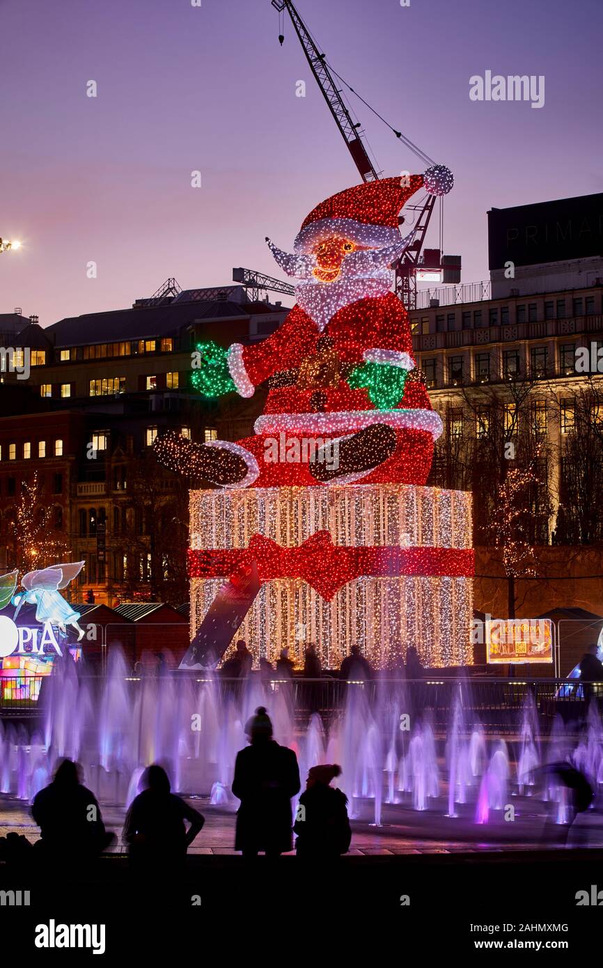 Manchester Christmas lights 2019 Santa display in Piccadilly Gardens Stock Photo