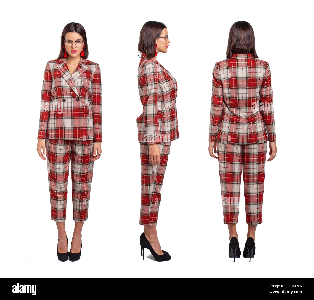 Smart professional businesswoman in red chequer suit front, side, back view, isolated on white Stock Photo
