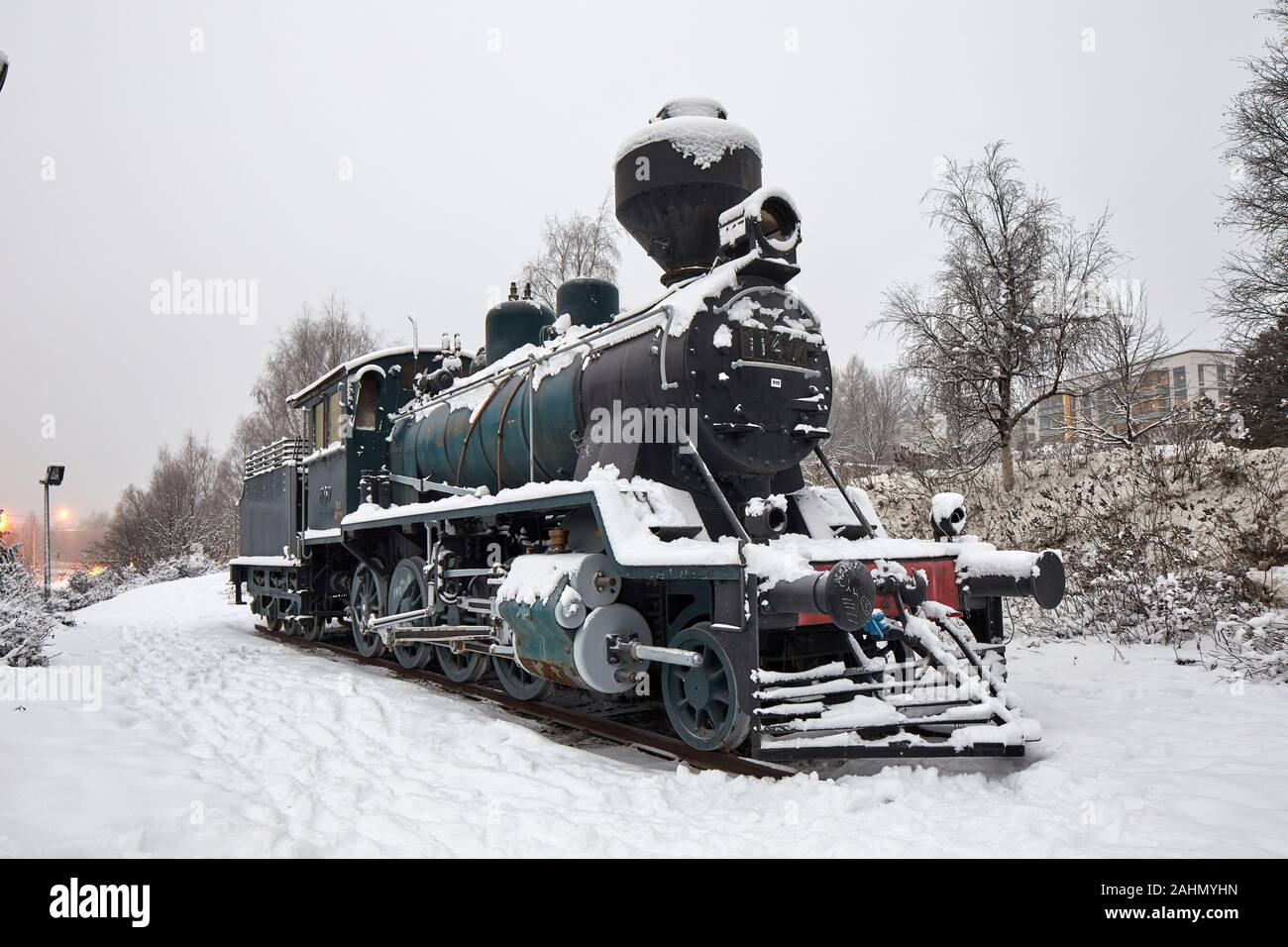 Finnish Rovaniemi a city in Finland and the region of Lapland  Static display Steam Locomotive VR Class Tk3 1147 at Rovaniemi railway station Stock Photo