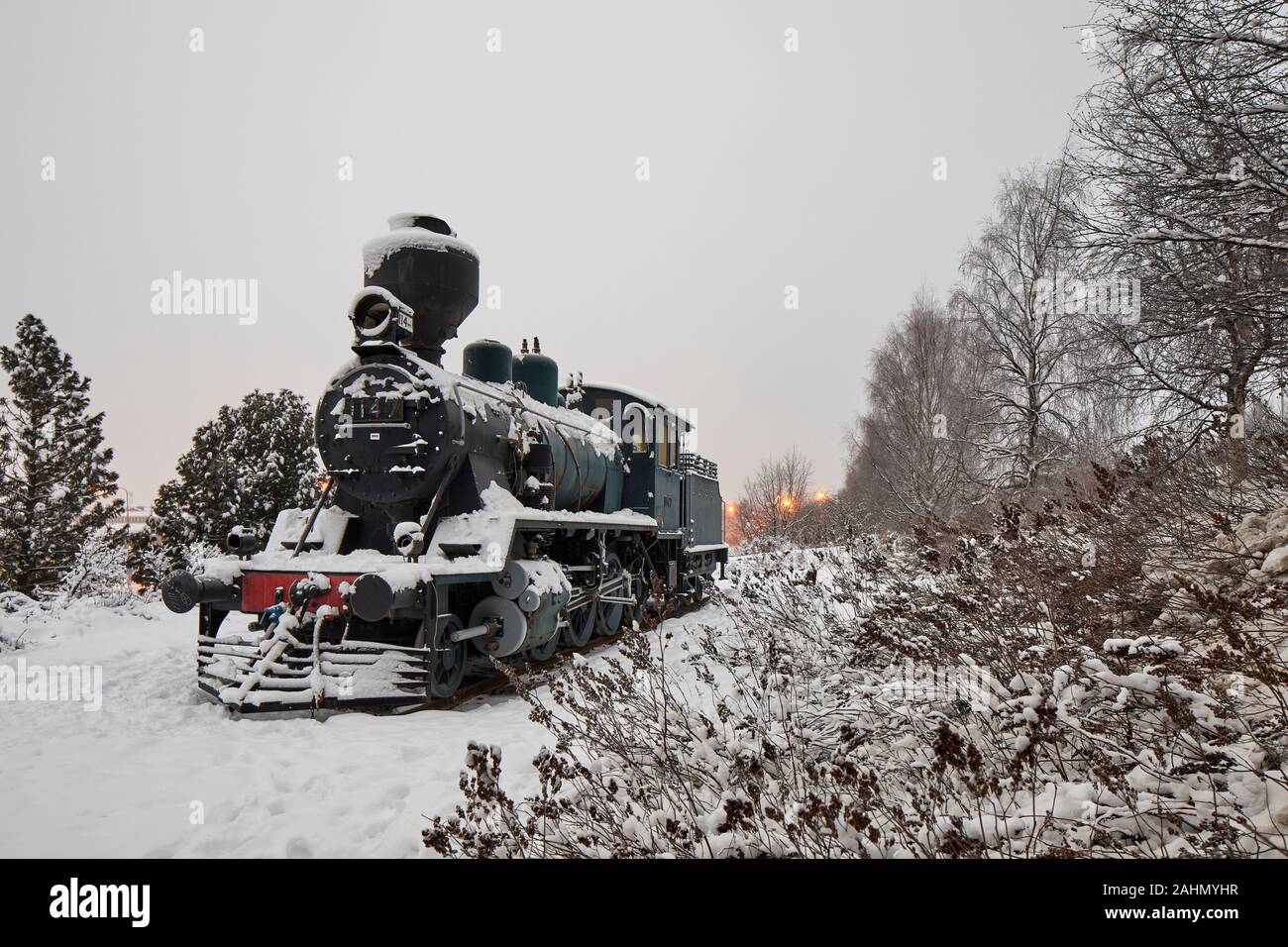 Finnish Rovaniemi a city in Finland and the region of Lapland  Static display Steam Locomotive VR Class Tk3 1147 at Rovaniemi railway station Stock Photo