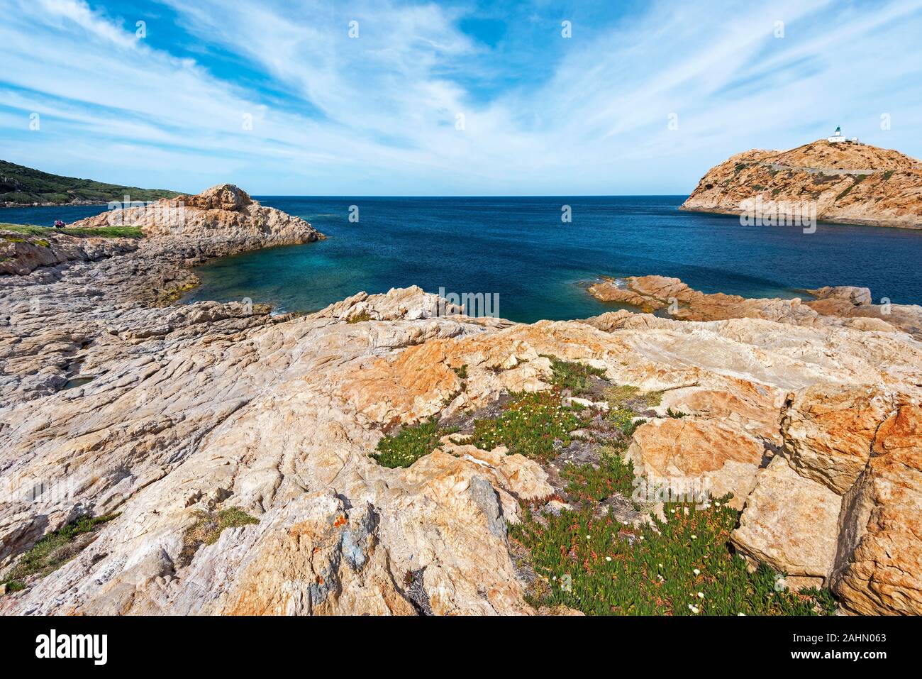 Pietra Islet Coastline landscape in Ile-Rousse city in Corsica, with ...