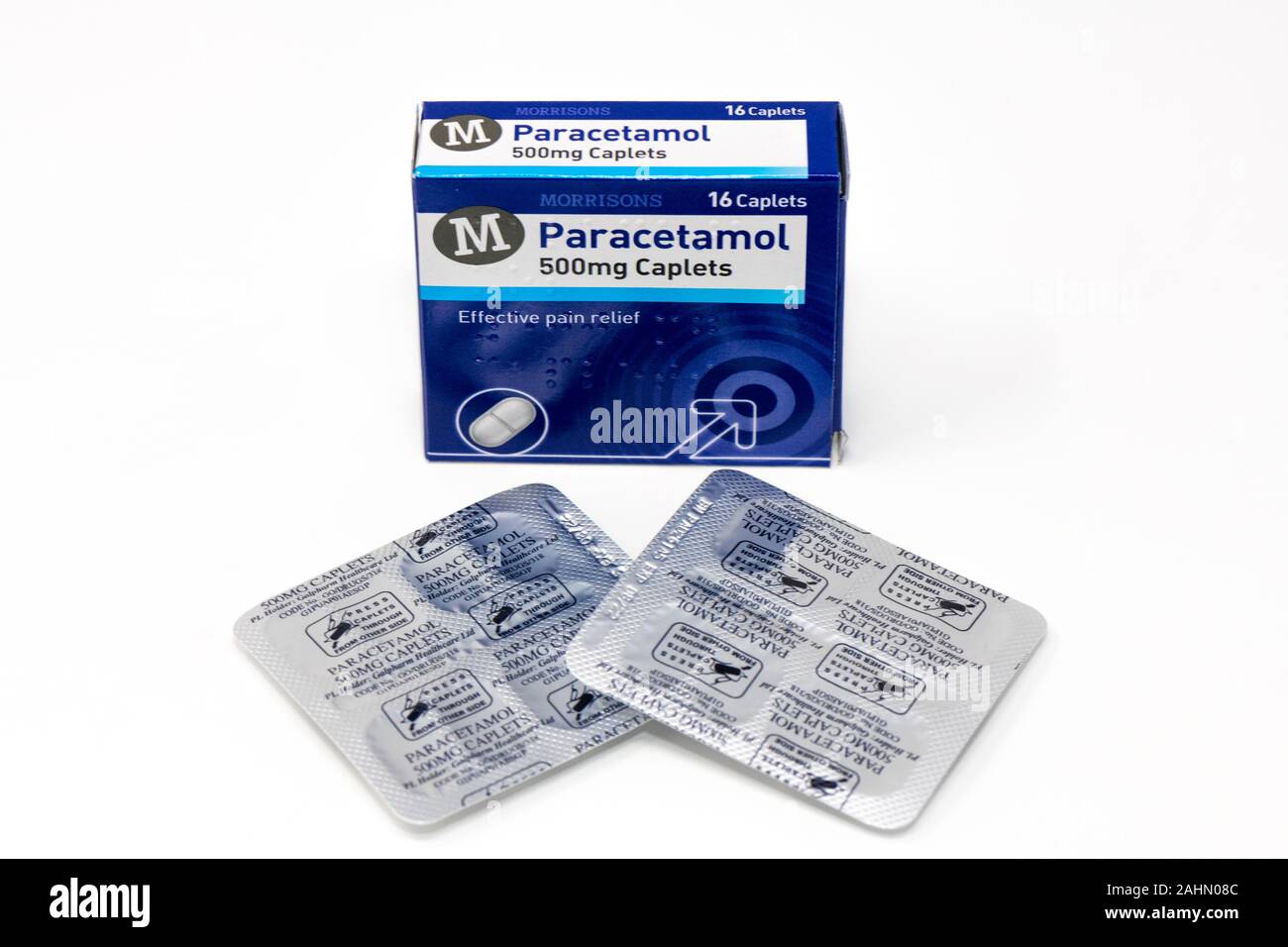 Morrisons 16 caplets 500mg paracetamol box with foil packs. Stock Photo