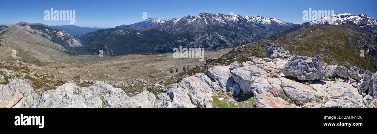 Panorama of Monte Rotondo Mountain massif as seen from Capu di u Facciatu Mountain Slope in central Corsica, From Punta Artica at right to Tavignano v Stock Photo