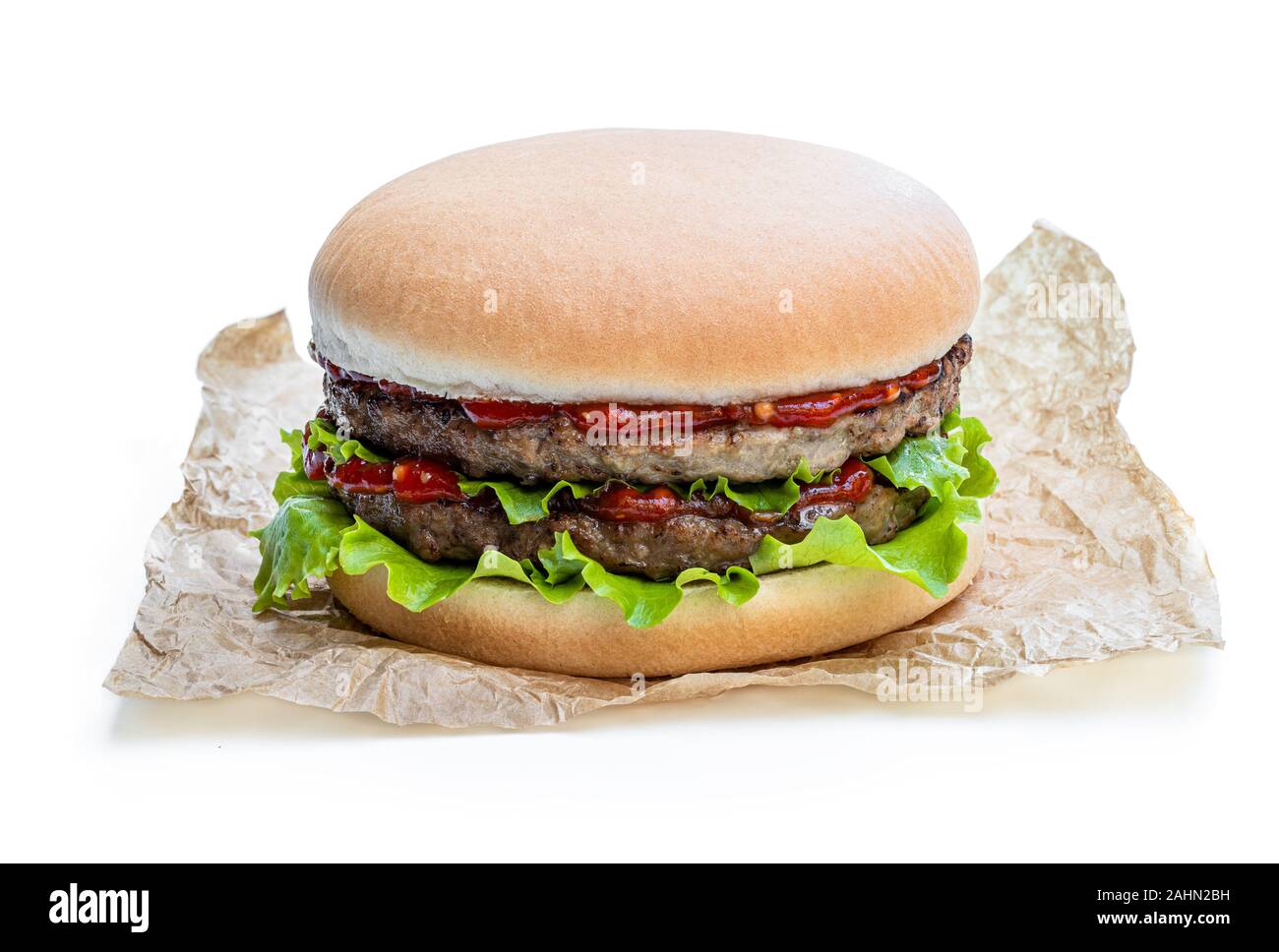 Two beef patties hamburger isolated on white Stock Photo