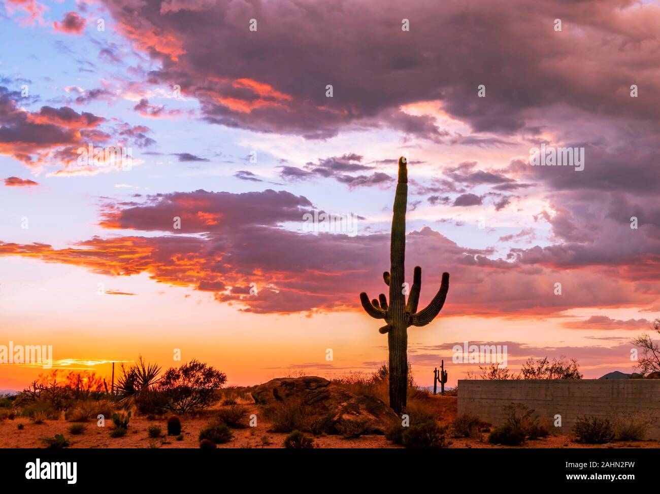 Brilliant Colored Sunset Skies Over North Scottsdale AZ desert preserve. Stock Photo
