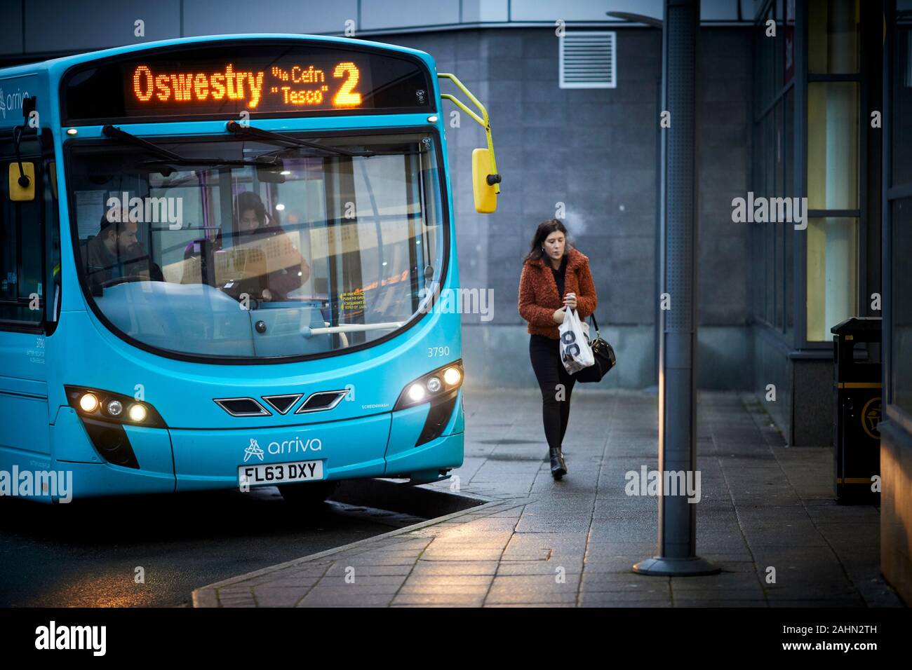 Wrexham in Wales, Arriva UK Bus to Oswestry at the town bus station Stock Photo