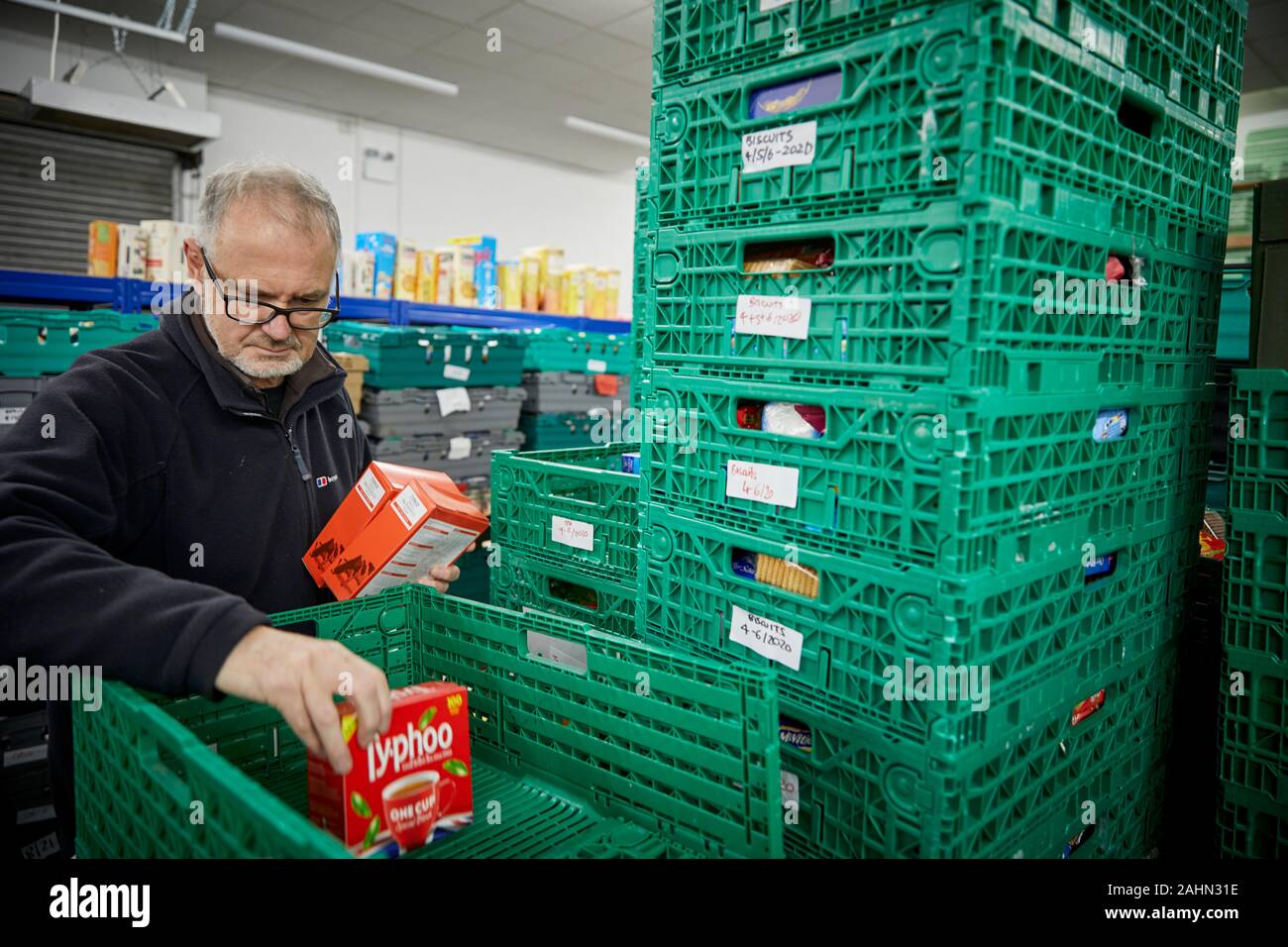 Wrexham in Wales,  Wrexham Foodbank food is stored in plastic crates Stock Photo