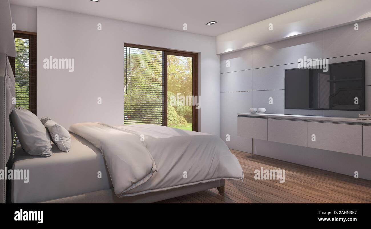 3d Rendering Modern Style Bedroom With Tv Near Window Stock