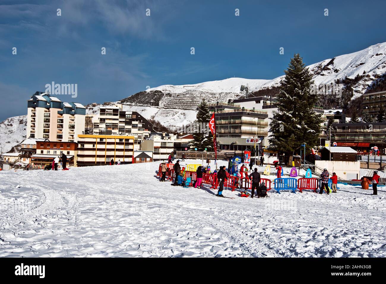 Gourette, France – January 17, 2016. Place for kids in Gourette winter sport resort in Bearn Pyrenees. Aquitaine, Atlantic-Pyrenees. The Village resid Stock Photo
