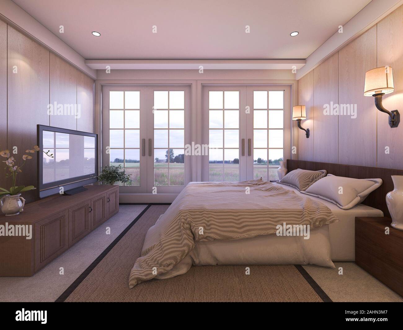 3d Rendering Romantic Luxury Bedroom With Tv And Nice View From Window Stock Photo Alamy