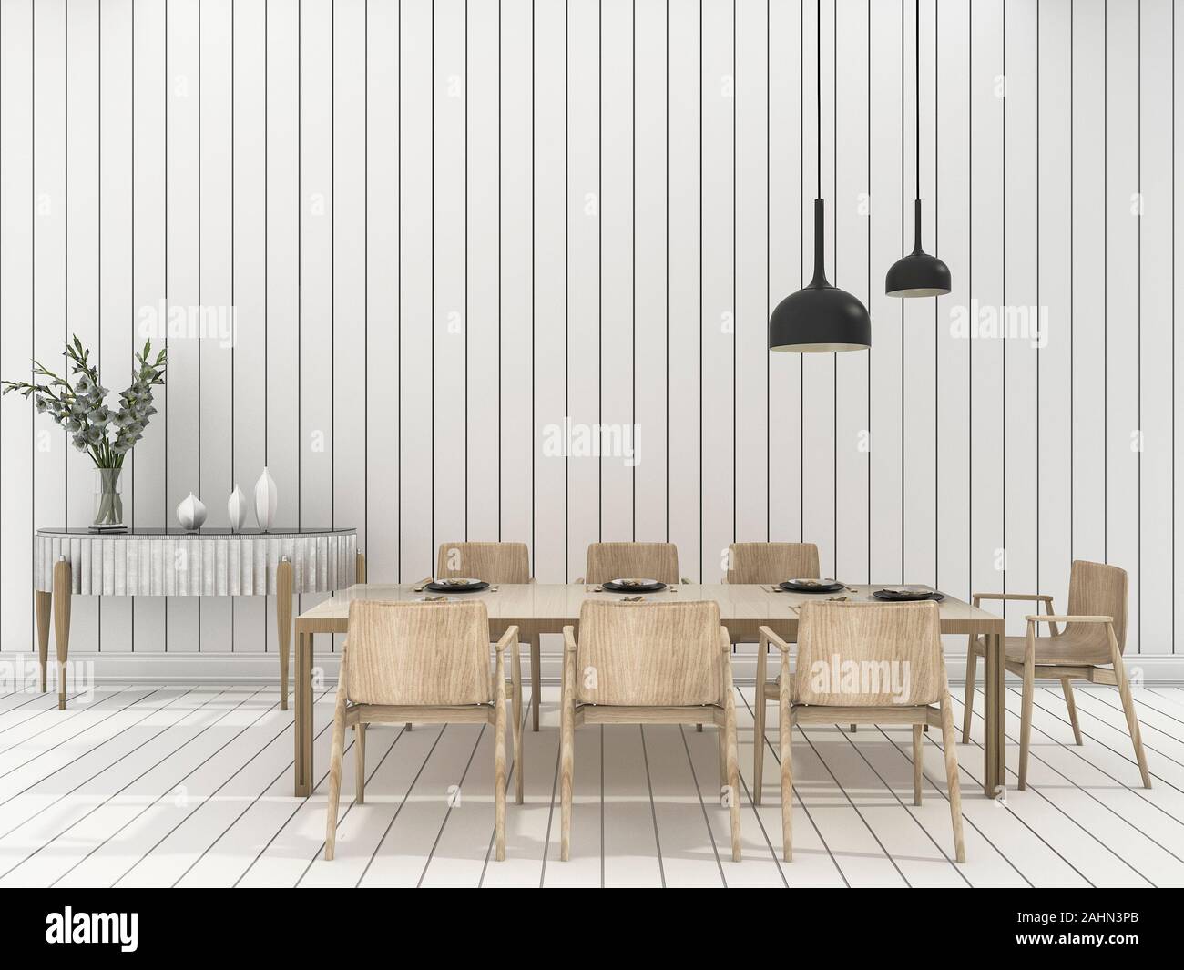 3d rendering white wall dining room with minimal wood dining set Stock