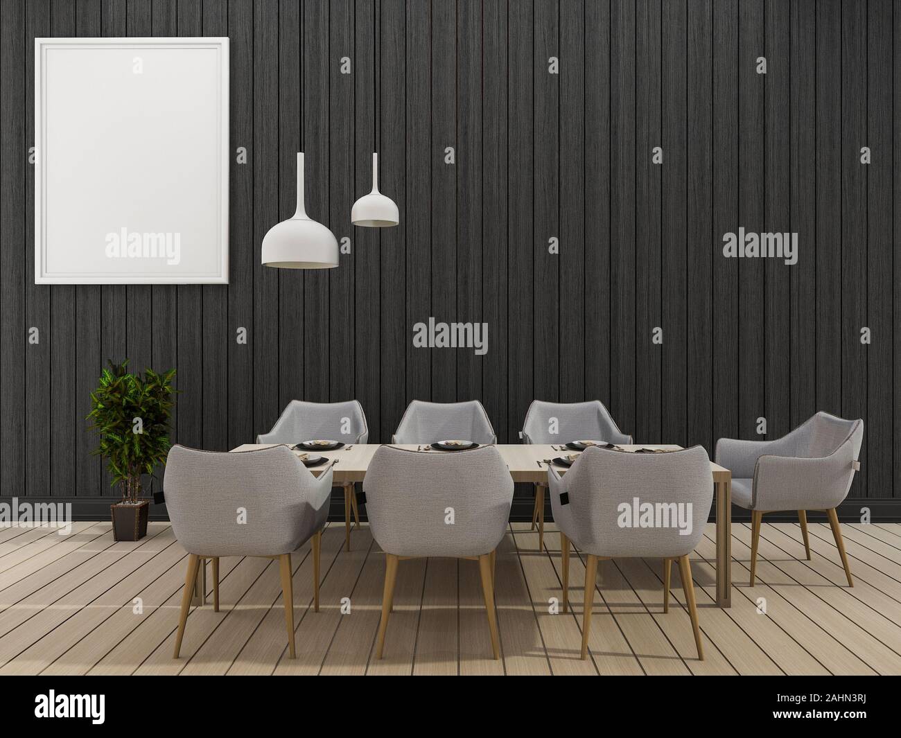 3d rendering black wall dining room with minimal dining set Stock Photo