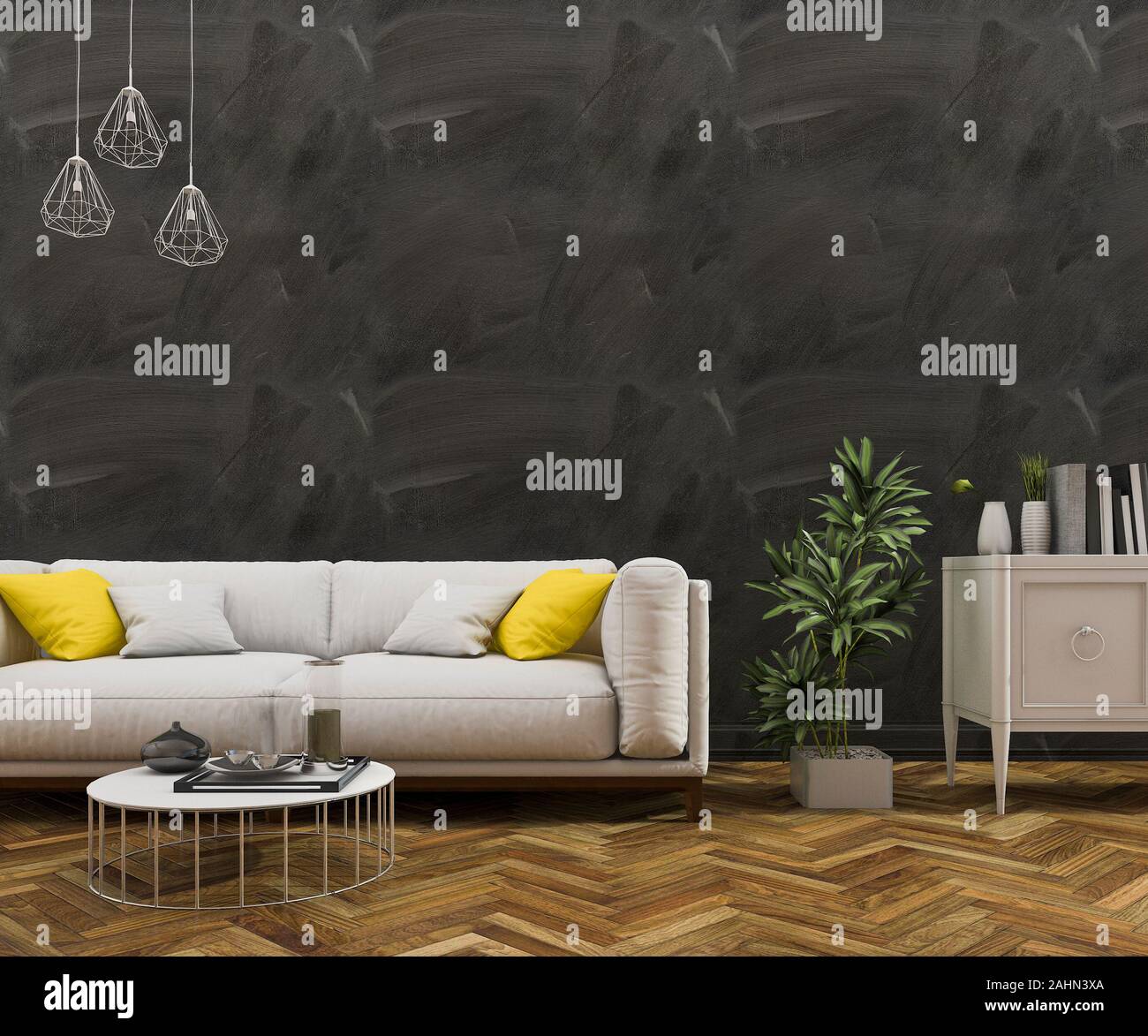 3d rendering loft black wall with modern sofa in living room Stock ...
