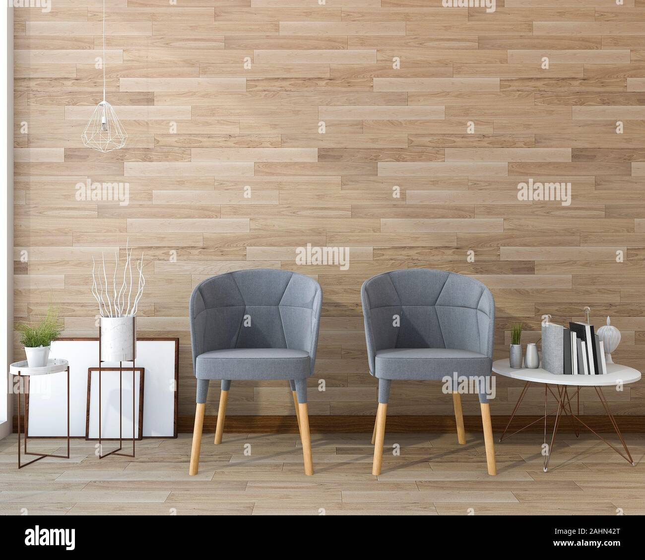 3d rendering vintage armchair with wood wall and decor Stock Photo - Alamy