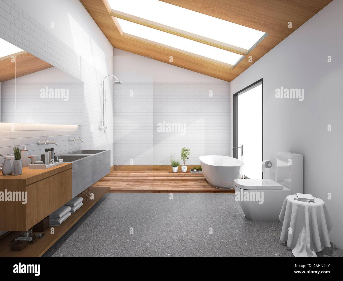 3d rendering skylight wood roof with modern design bathroom and toilet  Stock Photo - Alamy