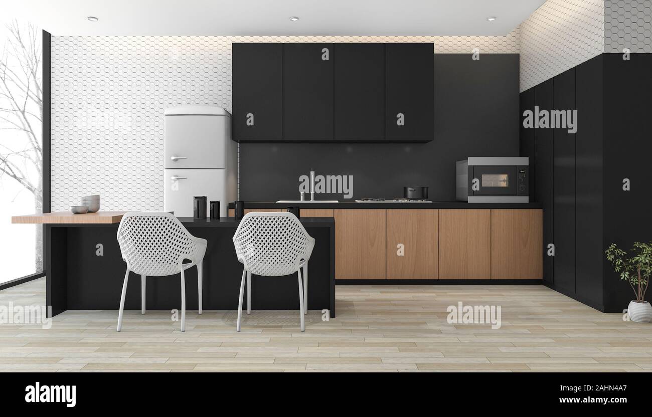3d Rendering Modern Black Kitchen With Wood Floor Near Window Stock Photo Alamy
