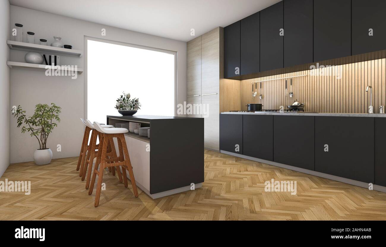 3d rendering dark kitchen with wood floor near window Stock Photo - Alamy