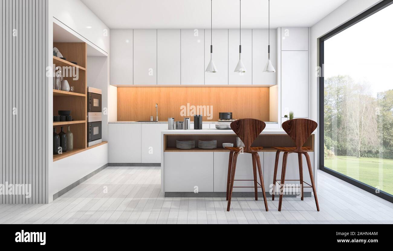 3d rendering white modern kitchen with bar near window Stock Photo - Alamy