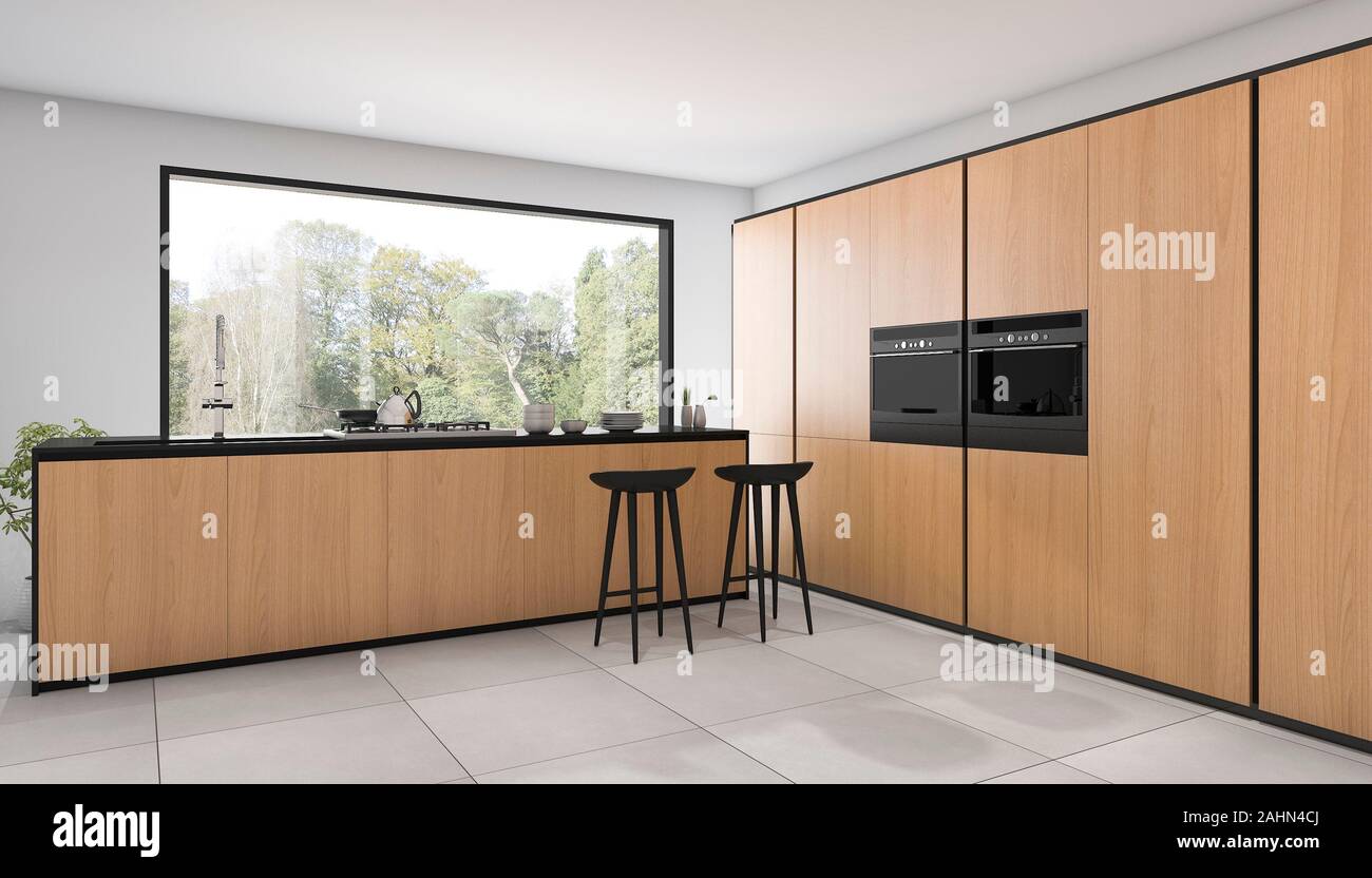 3d rendering nice wood design kitchen with view from window Stock Photo ...