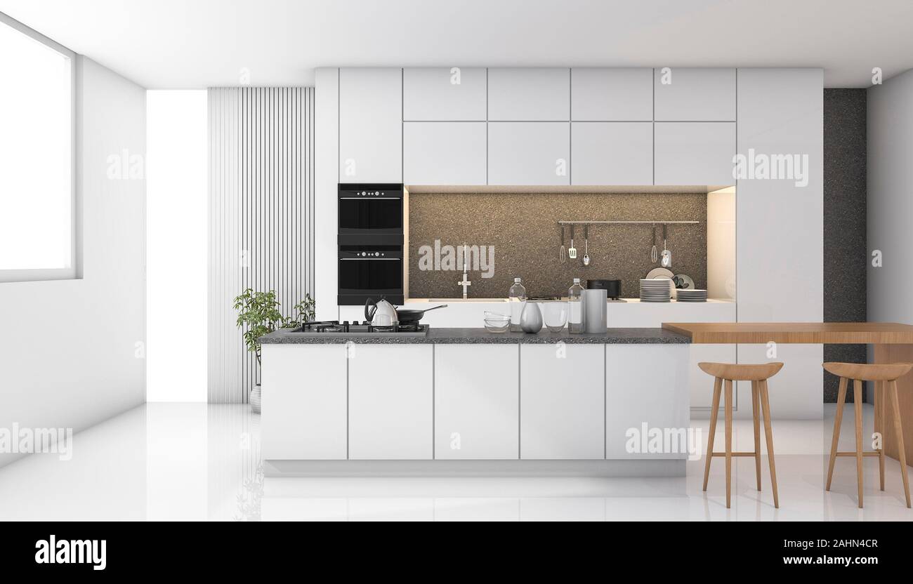 3d rendering white modern kitchen with light from window Stock Photo ...