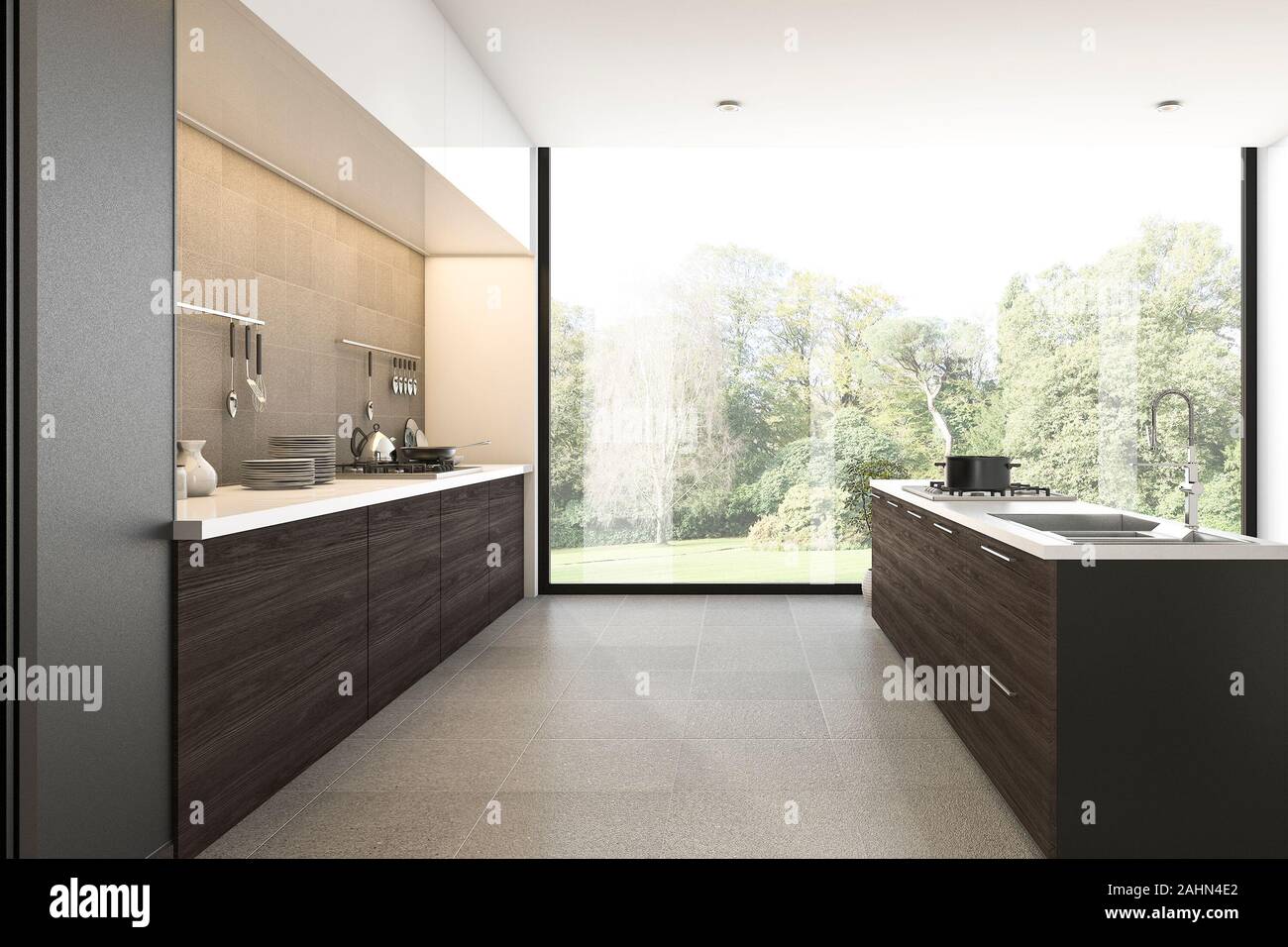 3d rendering wood kitchen with view from window Stock Photo - Alamy