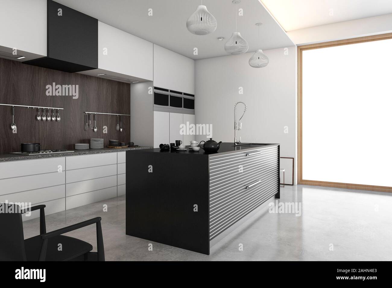 3d rendering loft modern kitchen near window Stock Photo - Alamy